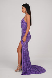 Side Image of Purple Velvet Sequin Full Length Evening Gown with V Neckline, Thin Shoulder Straps, Thigh High Side Split and Lace Up Open Back