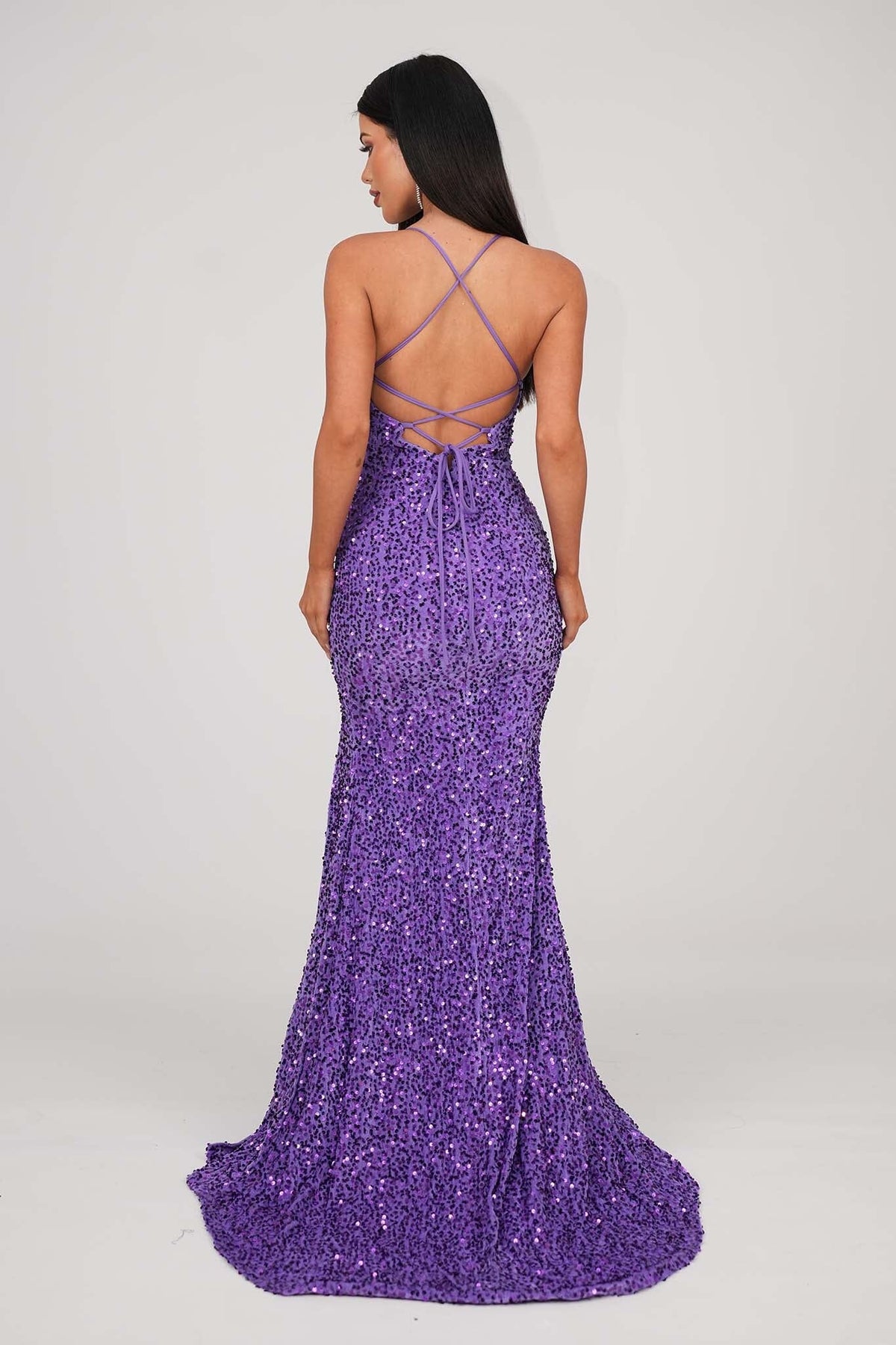 Back Image of Purple Velvet Sequin Full Length Evening Gown with V Neckline, Thin Shoulder Straps, Thigh High Side Split, Lace Up Open Back and Small Train