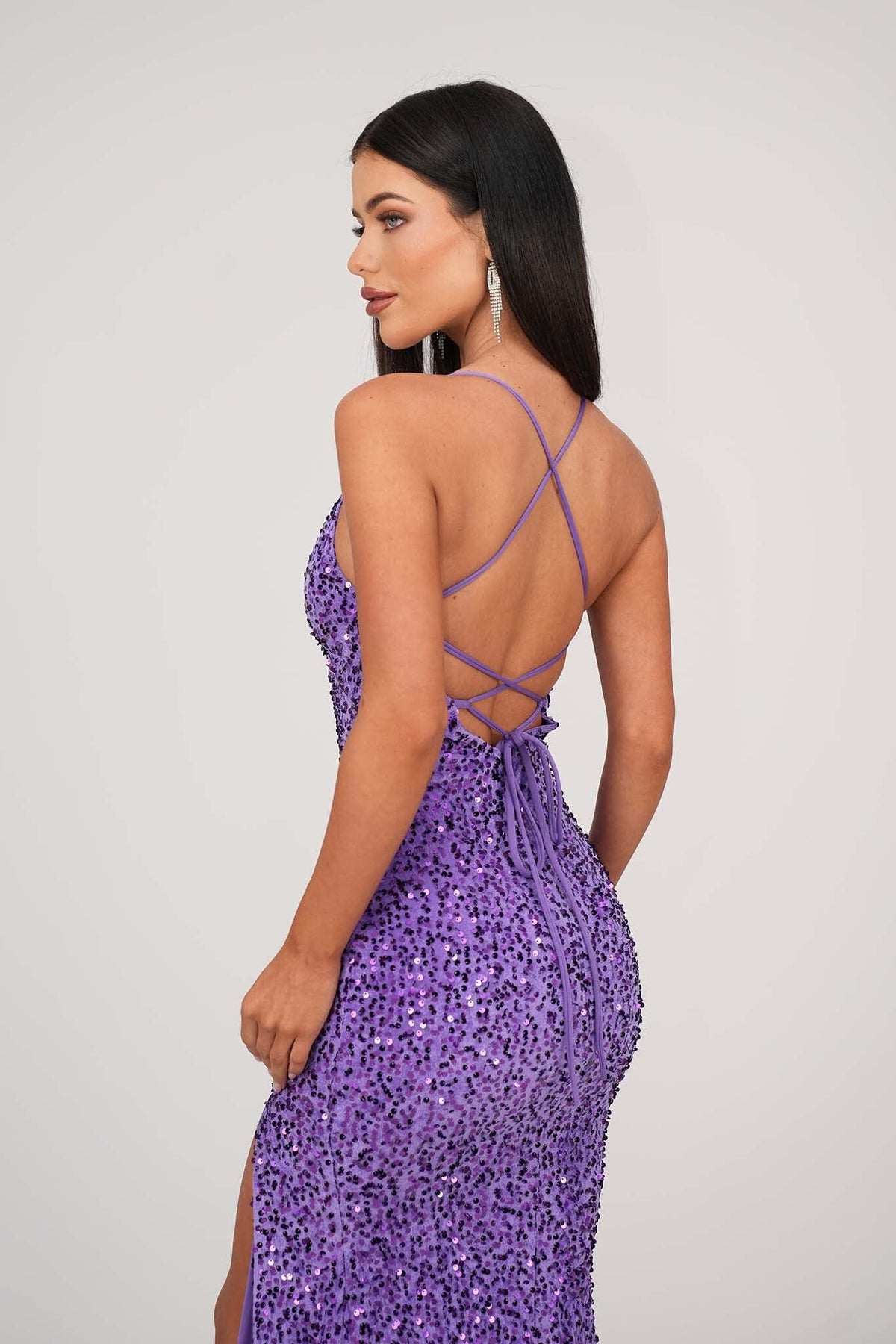 Lace Up Open Back of Purple Velvet Sequin Full Length Evening Gown with V Neckline, Thin Shoulder Straps and Thigh High Side Split