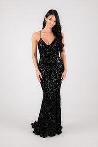 Black Velvet Sequin Full Length Formal Gown with V Neckline, Side Slit and Lace Up Open Back Design