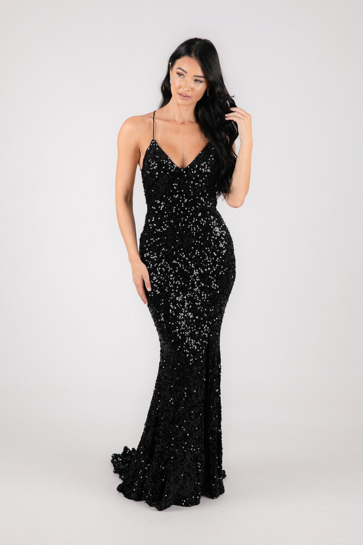 Black Velvet Sequin Full Length Formal Gown with V Neckline, Side Slit and Lace Up Open Back Design