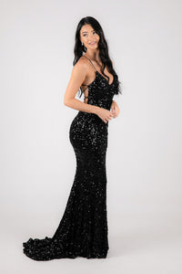 Side Image of Black Velvet Sequin Full Length Formal Gown with V Neckline, Side Slit and Lace Up Open Back Design