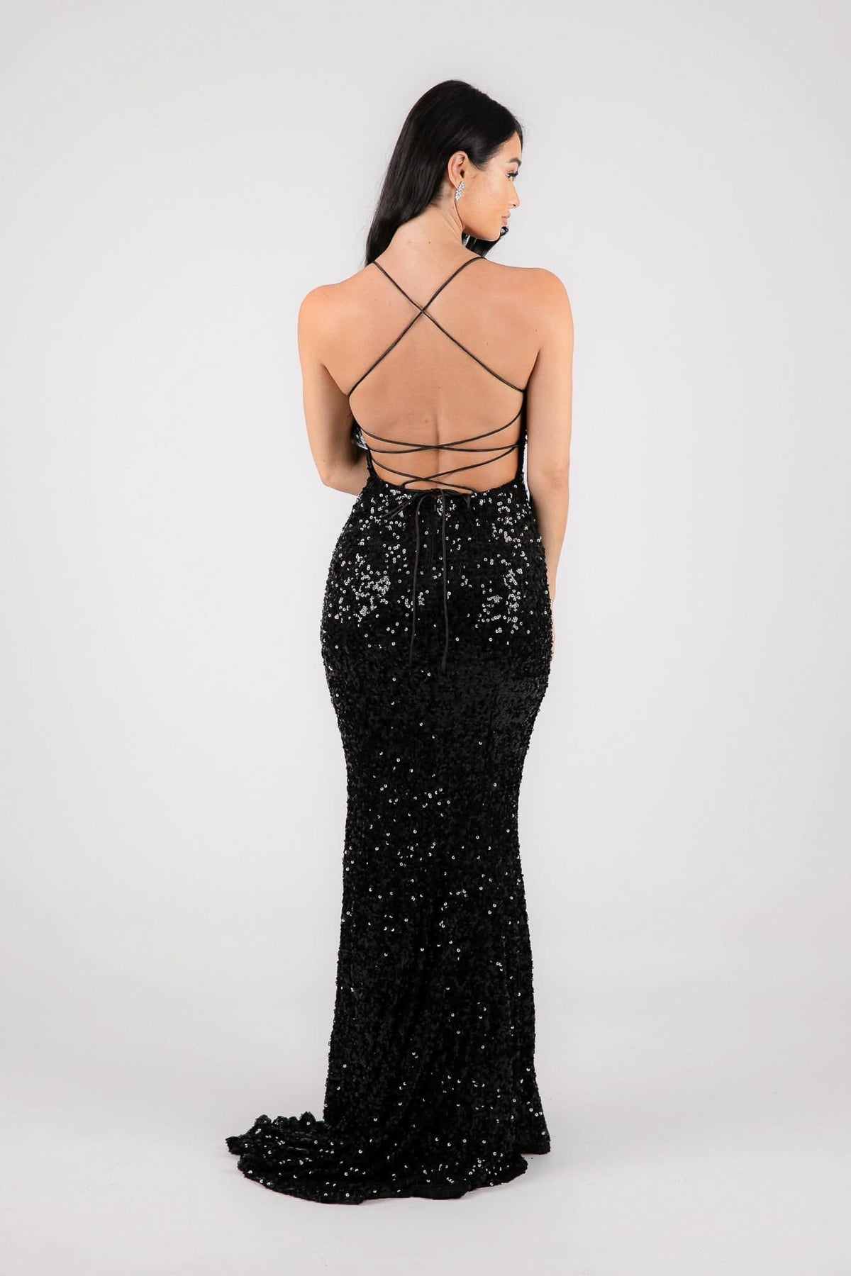 Lace Up Open Back Design of Black Velvet Sequin Full Length Formal Gown with V Neckline and Side Slit