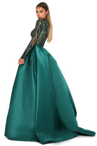 Emerald Green designer Portia & Scarlett custom-sequinned mesh mermaid evening gown with a double-lined satin detachable floor sweeping skirt cover up