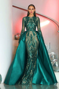 Emerald Green designer Portia & Scarlett custom-sequinned mesh mermaid evening gown with a double-lined satin detachable floor sweeping skirt cover up