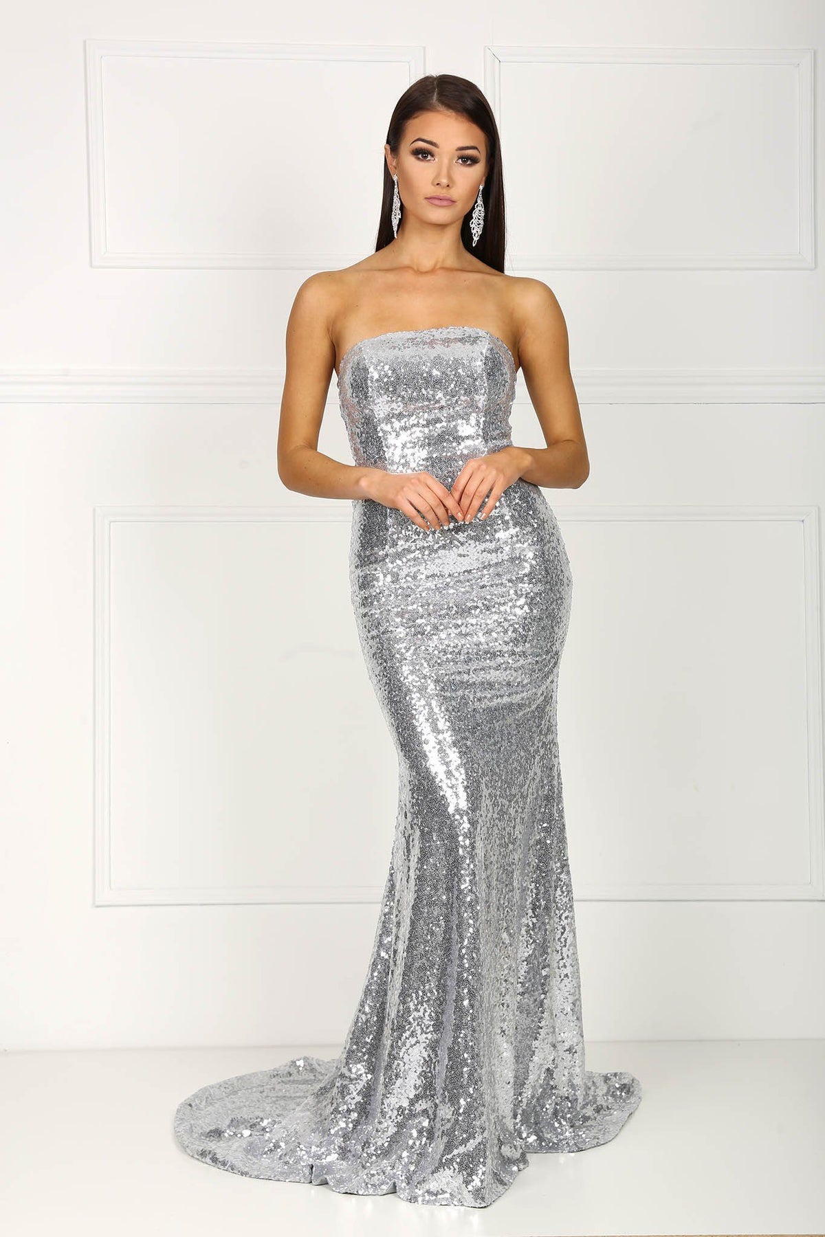 Strapless straight neckline form-fitted sequins evening gown in silver color
