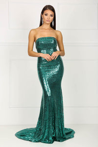 Strapless straight neckline form-fitted sparkly sequins evening gown in emerald green color