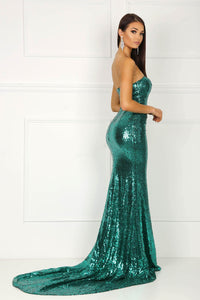 Strapless straight neckline form fitting sequins evening gown in emerald green color
