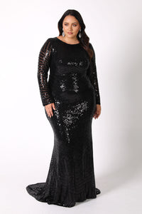 Plus Size Black Sequin Floor Length Fitted Evening Gown with Round Neckline, Mermaid Silhouette and Long Sleeves