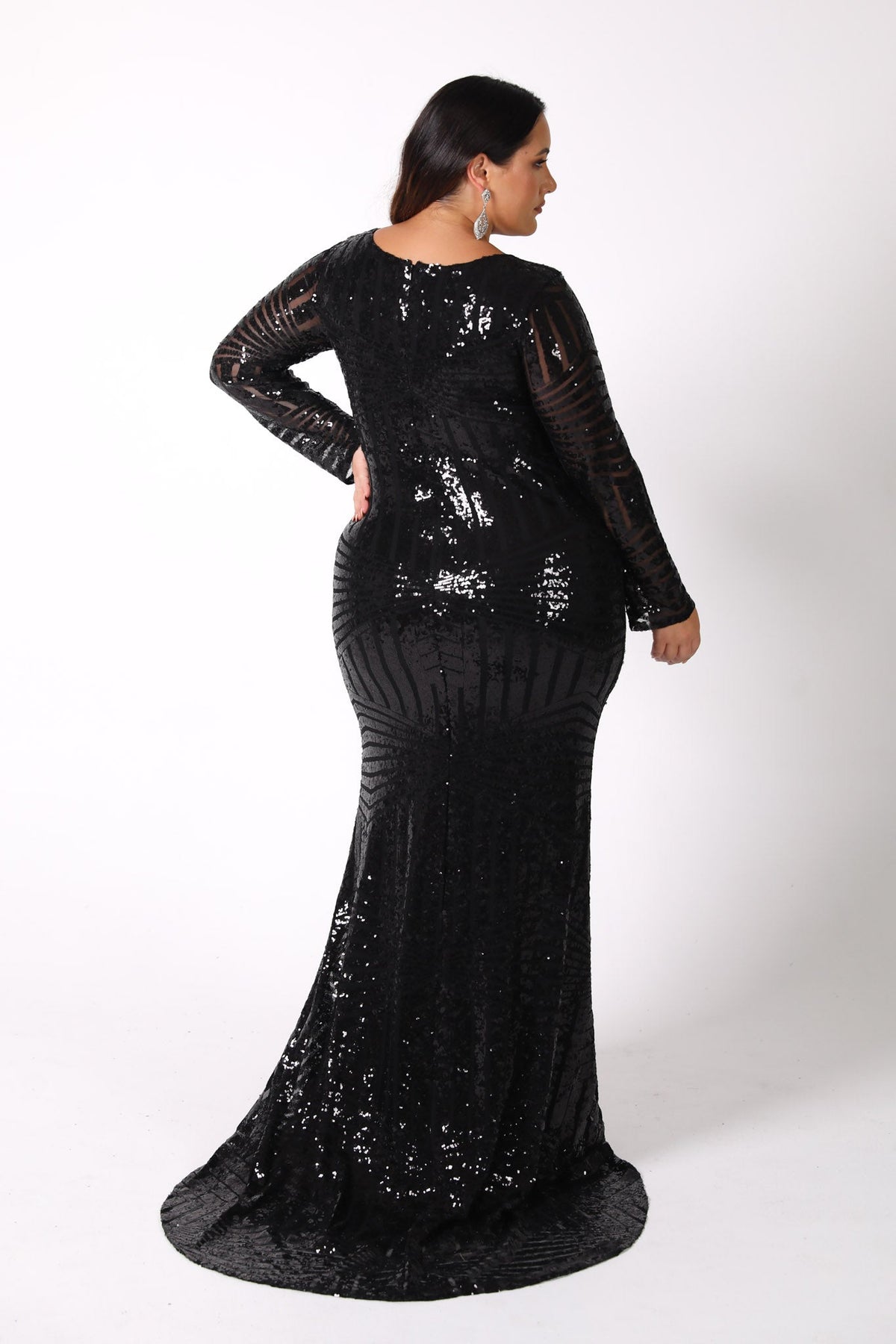 Back Image of Side Image of Plus Size Closed Back Design of Plus Size Black Sequin Floor Length Fitted Evening Gown with Round Neckline, Mermaid Silhouette and Long Sleeves