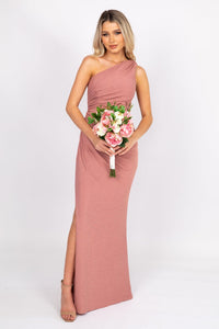 Bridesmaid in Dusty Pink Floor Length Fitted Evening Dress with One Shoulder Bodice, Draping Detail and Side Leg Slit