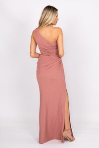 Back Image of Dusty Pink Floor Length Fitted Evening Dress with One Shoulder Bodice, Draping Detail and Side Leg Slit