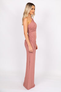 Side Image of Dusty Pink Floor Length Fitted Evening Dress with One Shoulder Bodice, Draping Detail and Side Leg Slit