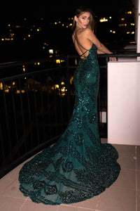 Emerald Green Embroidered Pattern Sequin Floor Length Evening Gown with V Neckline, Lace Up Open Back, Fit & Flare Mermaid Skirt and Floor Sweeping Train