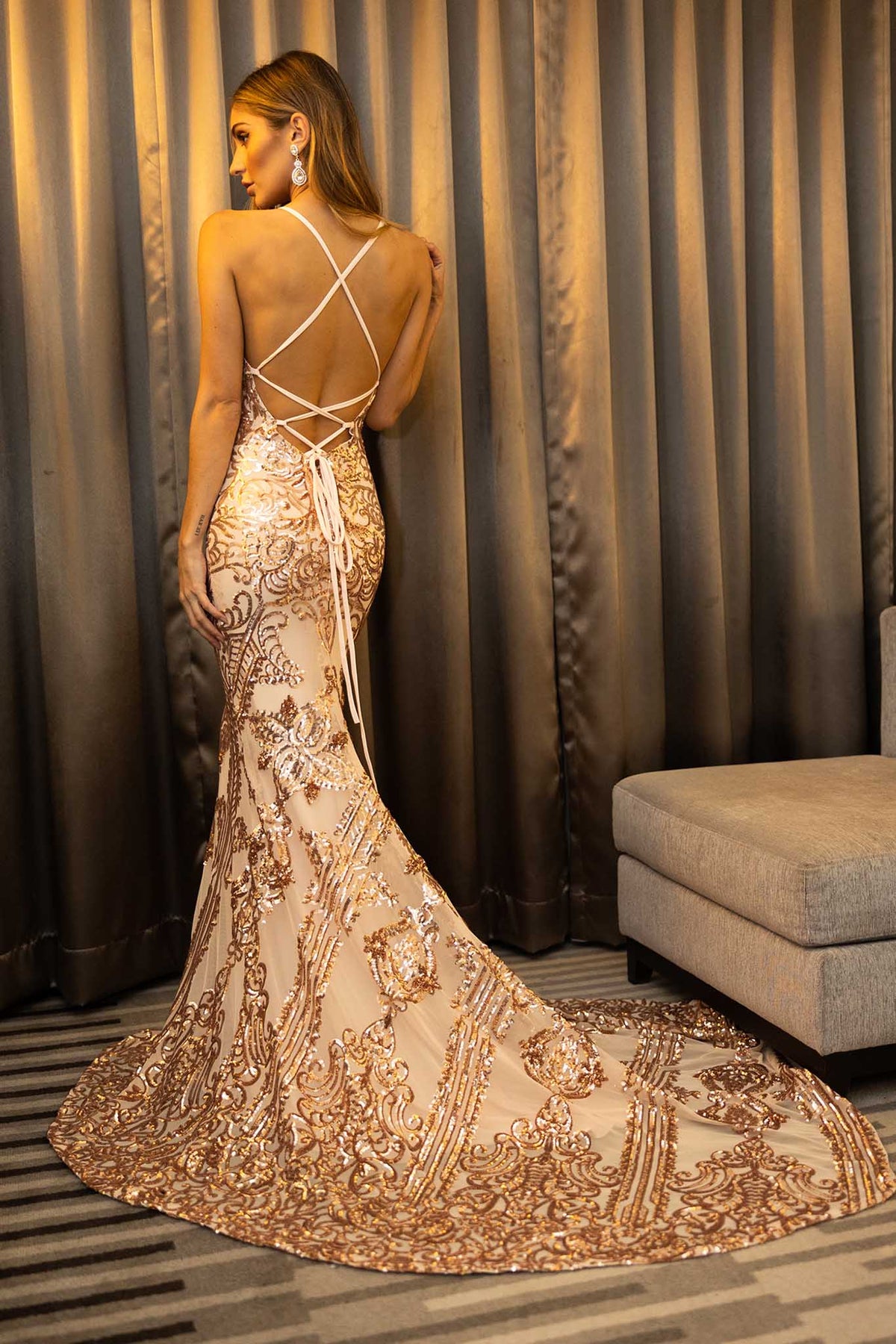 Rose Gold Embroidered Pattern Sequin with Light Pink Lining Floor Length Evening Gown with V Neckline, Lace Up Open Back, Fit & Flare Mermaid Skirt and Floor Sweeping Train