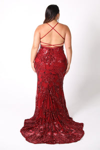 AMIYA Lace Up Back Pattern Sequin Gown - Wine