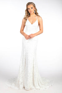 White Full Length Lace Evening Gown with Full White Lining, Deep V Neckline, Lace Up Open Back Design and Long Train