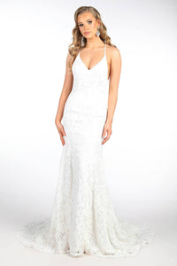 White Full Length Lace Evening Gown with Full White Lining, Deep V Neckline, Lace Up Open Back Design and Long Train