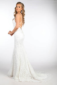 Side Image of White Full Length Lace Evening Gown with Full White Lining, Deep V Neckline, Lace Up Open Back Design and Long Train