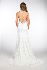 Lace Up on Open Back Design of White Full Length Lace Evening Gown with Full White Lining, Deep V Neckline, Lace Up Open Back Design and Long Train