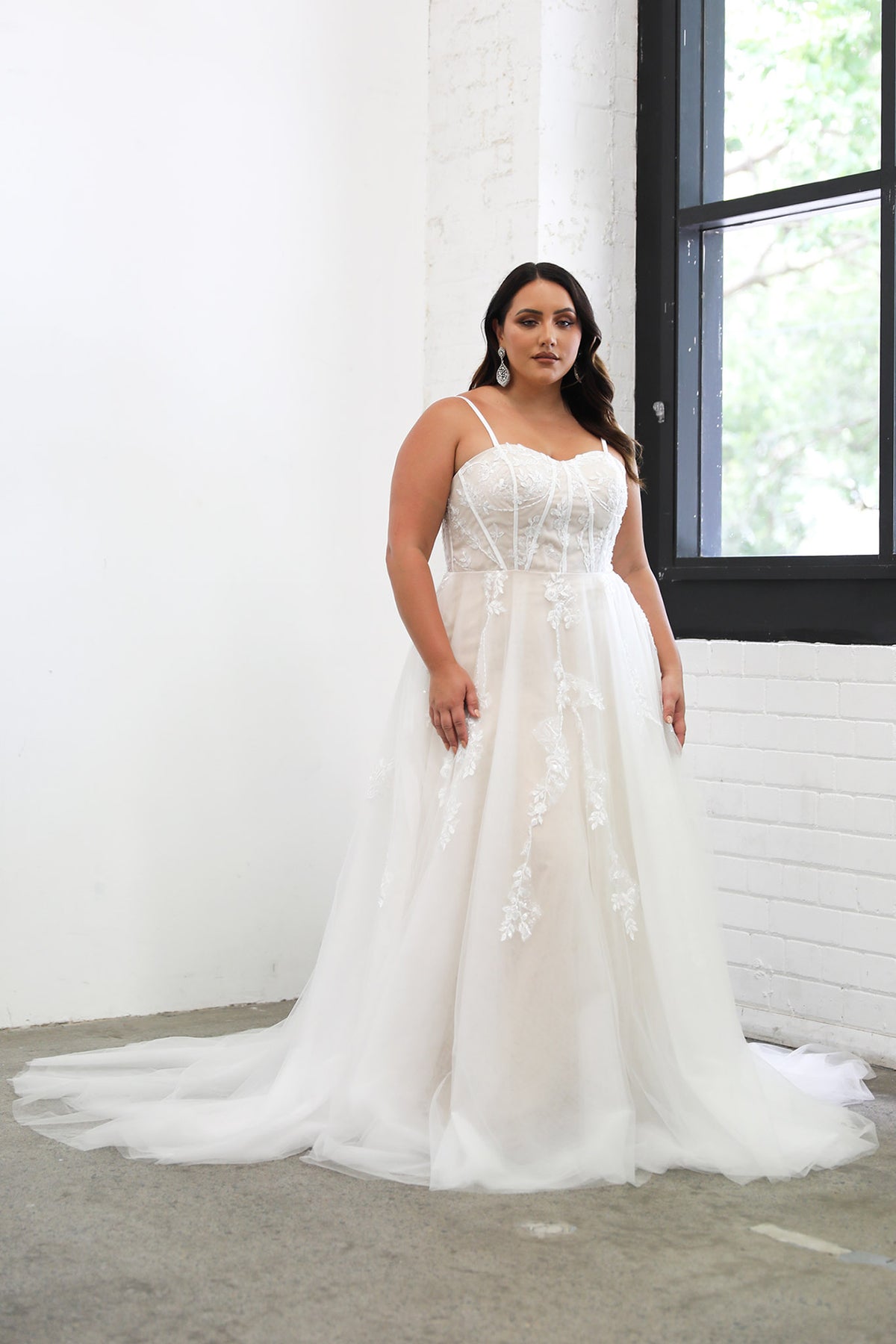 Plus Size Ivory Off White Lace A-line Wedding Gown with Floral and Vine-like Lace Motifs Embellished on Layered Tulle, Trendy Exposed Bone Bodice, Voluminous Full A-line Skirt and Flowing Sweep Train