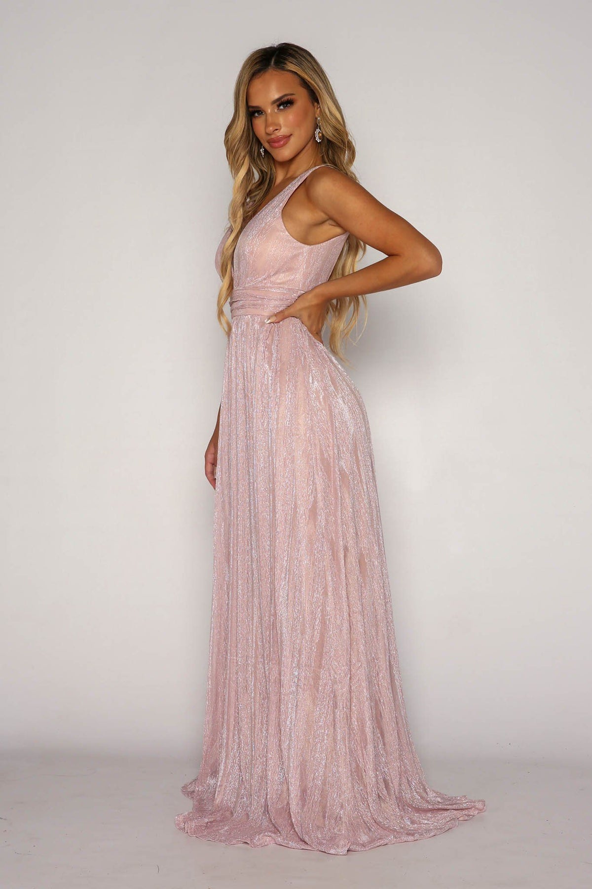 Side Image of Shimmer Pink Grecian Style Full Length A-Line Gown featuring Gathered Waistline, Draping Throughout the Skirt and V Neckline with Mesh Insert