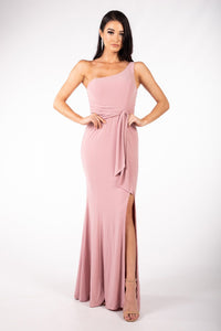 Dusty Pink One Shoulder Maxi-Length Dress with Asymmetrical Neckline, Waist Tie, Above Knee High Slit, and a Column Styled Silhouette