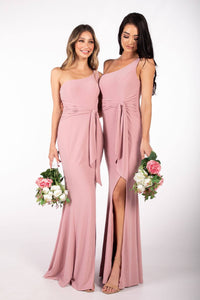 Dusty Pink Bridesmaids One Shoulder Maxi-Length Dress with Asymmetrical Neckline, Waist Tie, Above Knee High Slit, and a Column Styled Silhouette