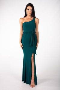 Emerald Green One Shoulder Maxi-Length Dress with Asymmetrical Neckline, Waist Tie, Above Knee High Slit, and a Column Styled Silhouette