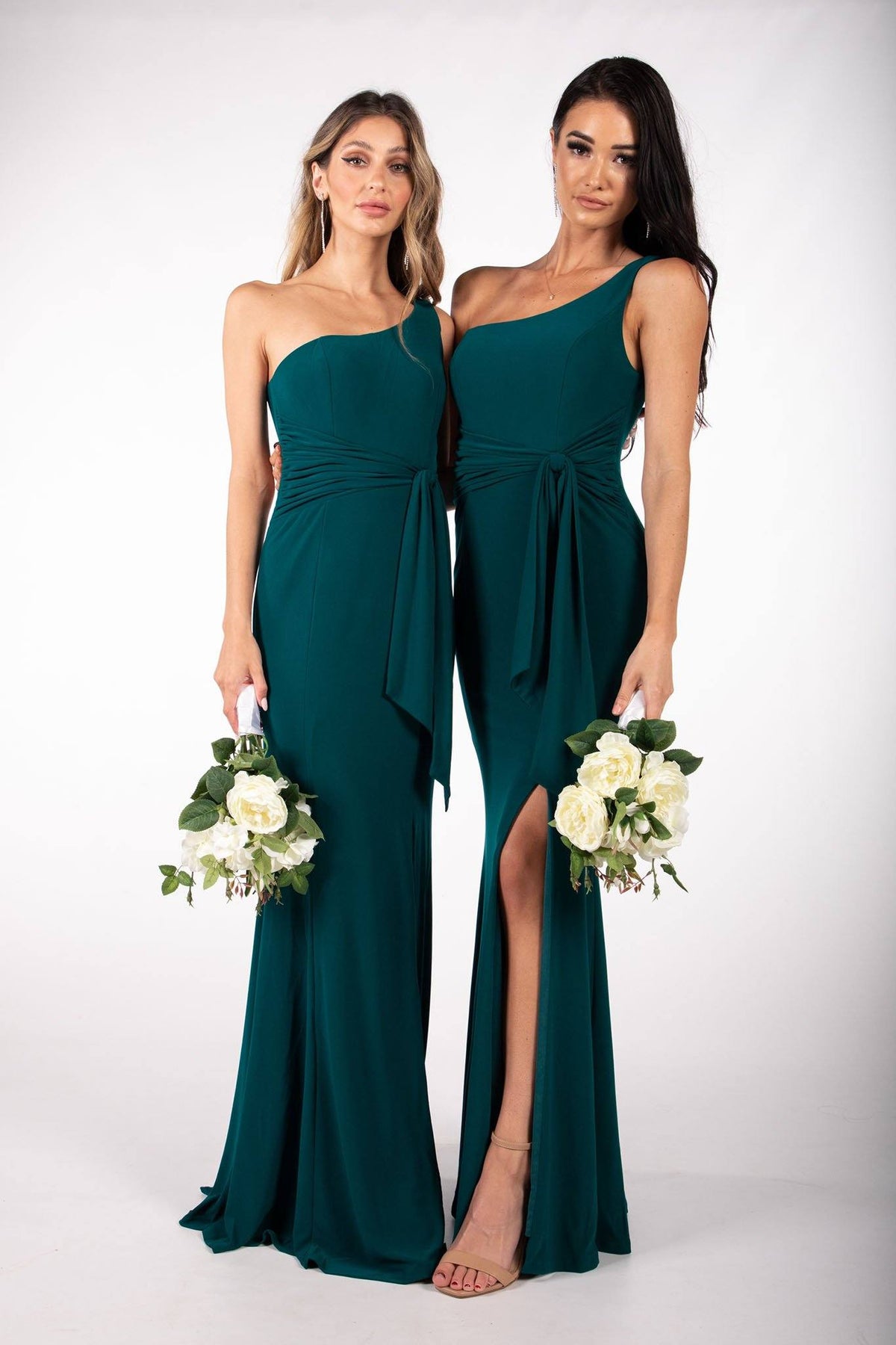 Emerald Green Bridesmaids One Shoulder Maxi-Length Dress with Asymmetrical Neckline, Waist Tie, Above Knee High Slit, and a Column Styled Silhouette