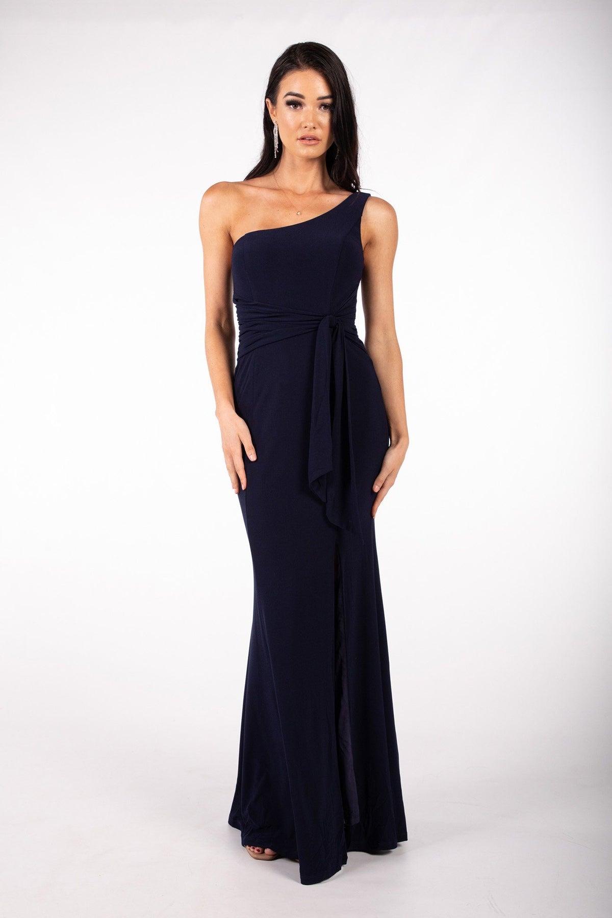 Navy One Shoulder Maxi-Length Dress with Asymmetrical Neckline, Waist Tie, Above Knee High Slit, and a Column Styled Silhouette