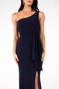Waist Tie Detail of Navy Bridesmaids One Shoulder Maxi-Length Dress with Asymmetrical Neckline, Waist Tie, Above Knee High Slit, and a Column Styled Silhouette