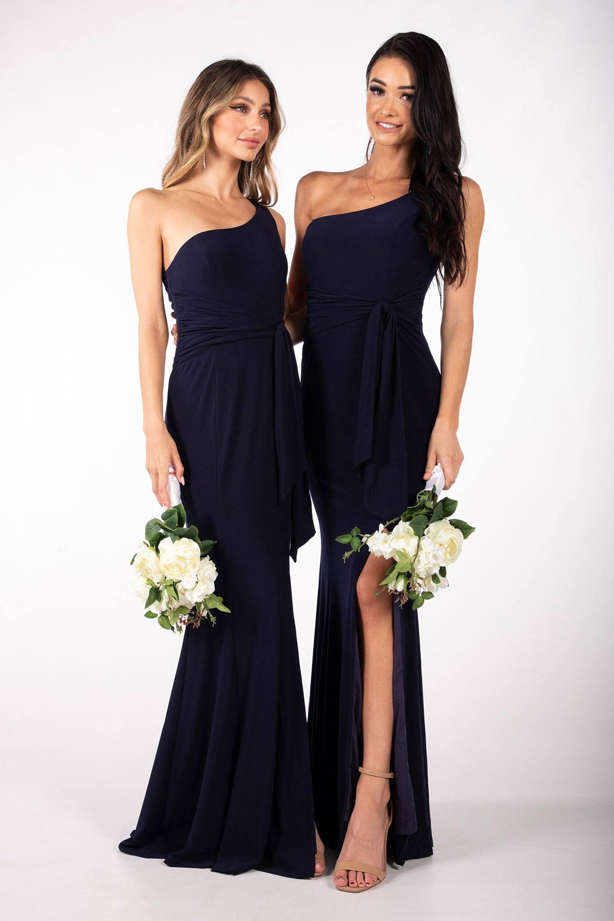 Navy Bridesmaids One Shoulder Maxi-Length Dress with Asymmetrical Neckline, Waist Tie, Above Knee High Slit, and a Column Styled Silhouette