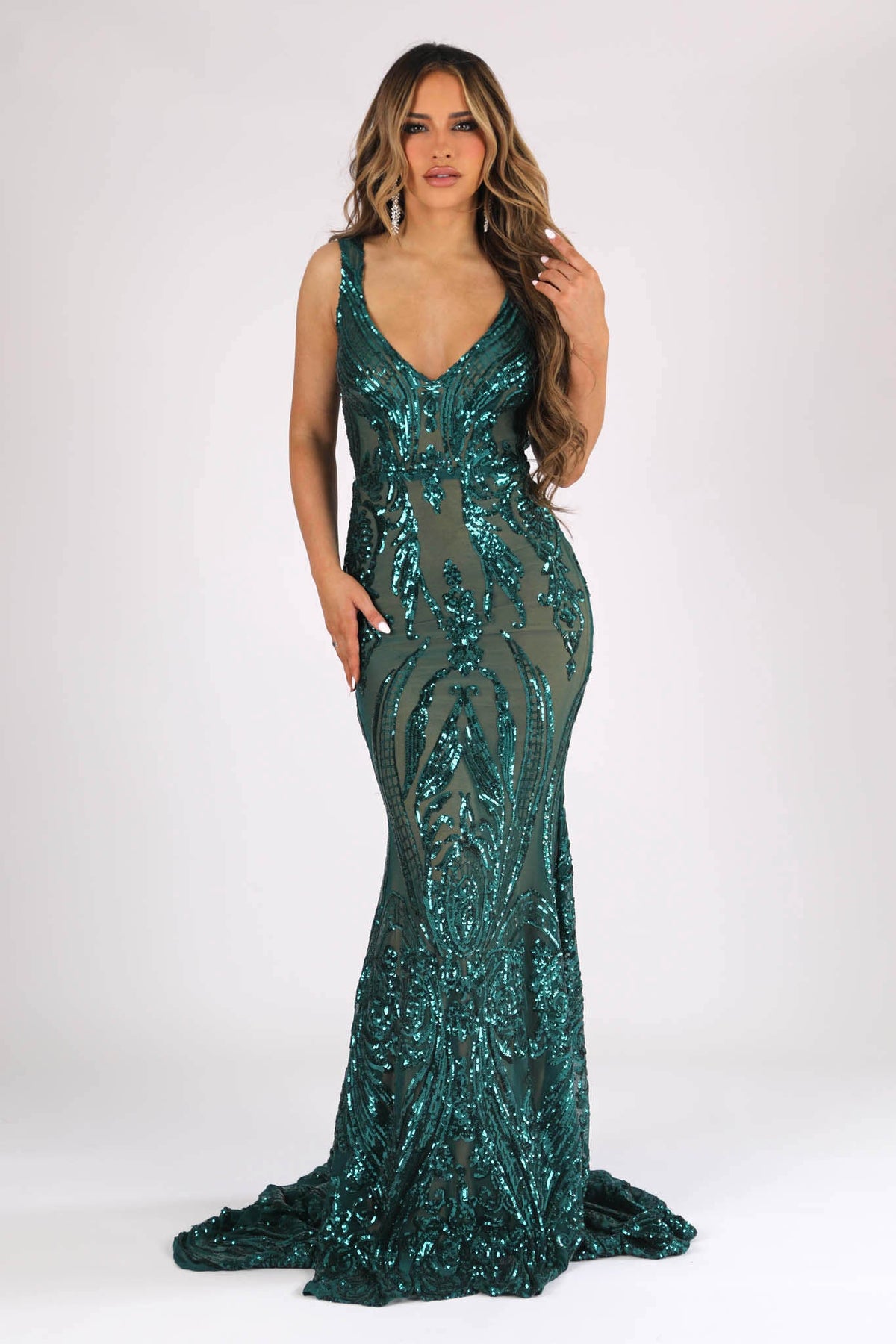 Emerald Green Majestic Pattern Sequin Fit and Flare Evening Gown with V Neck, Open Back and Floor Sweeping Train
