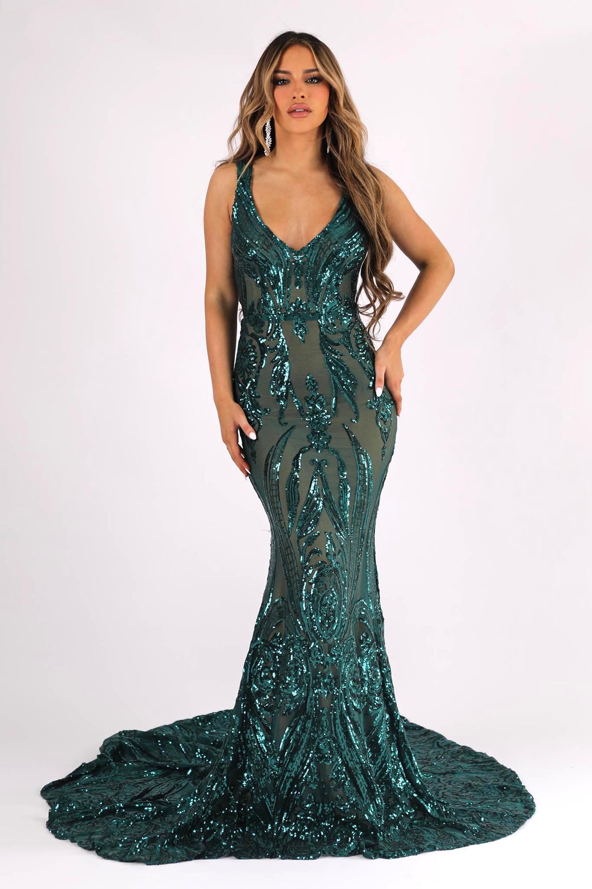 Emerald Green Majestic Pattern Sequin Fit and Flare Evening Gown with V Neck, Open Back and Floor Sweeping Train