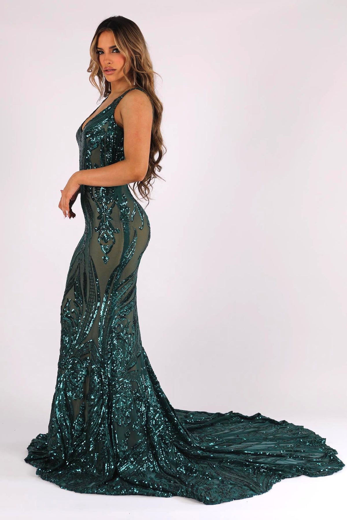 Side Image of Emerald Green Majestic Pattern Sequin Fit and Flare Evening Gown with V Neck, Open Back and Floor Sweeping Train
