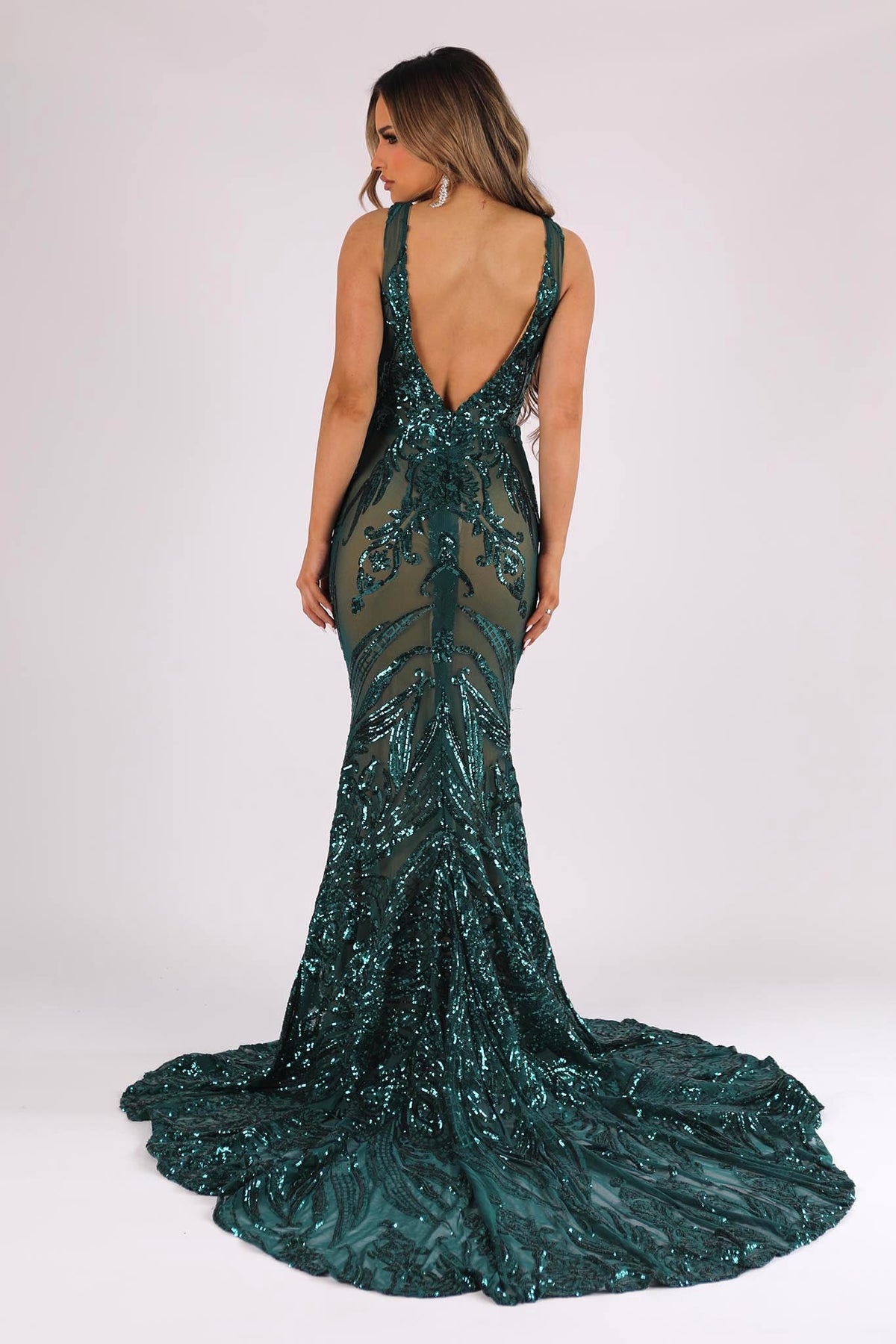 V Shape Open Back Design of Emerald Green Majestic Pattern Sequin Fit and Flare Evening Gown with V Neck and Floor Sweeping Train