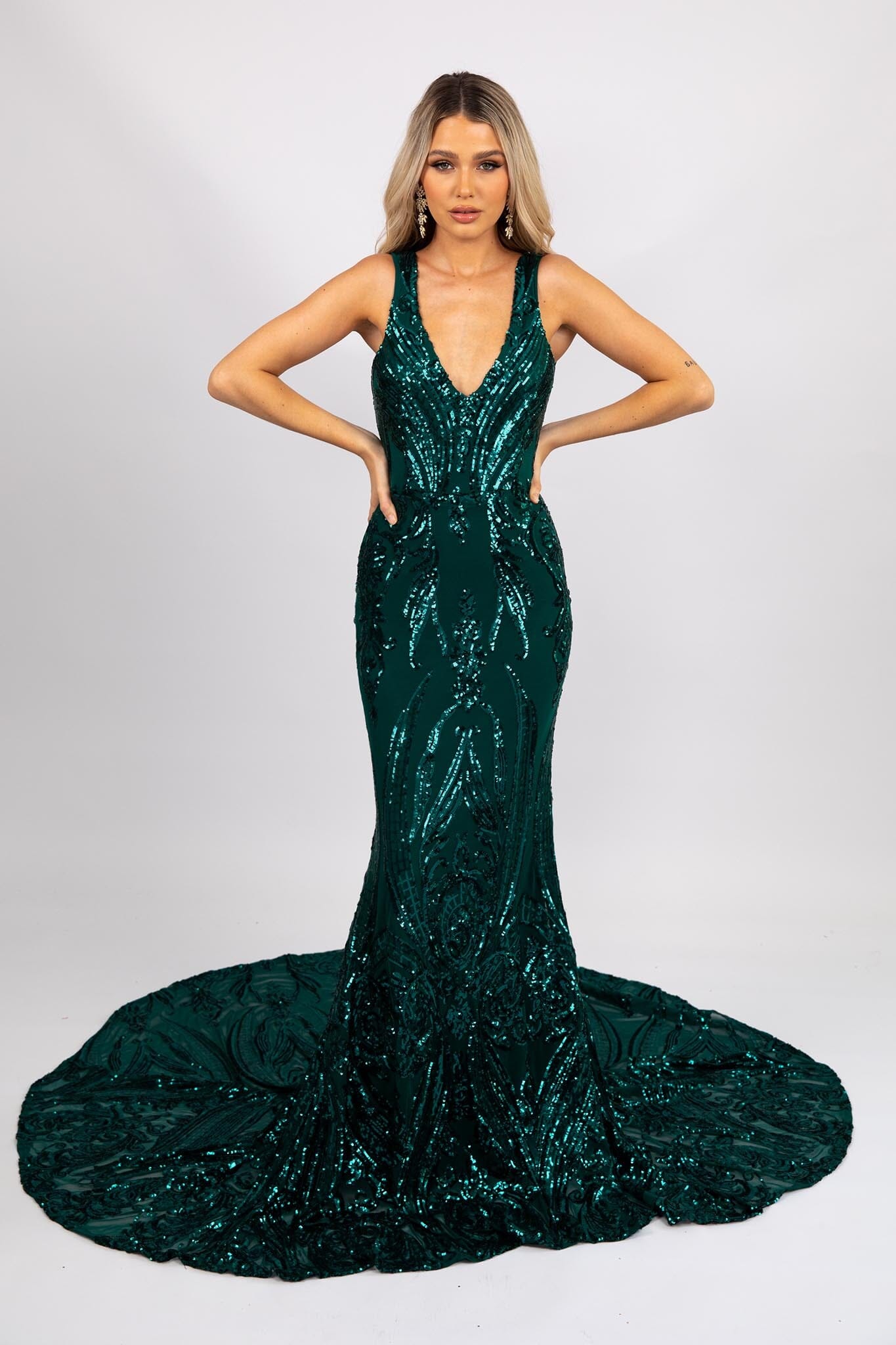 Emerald Green Formal Dresses Sequins, Satin, Side Split, Backless