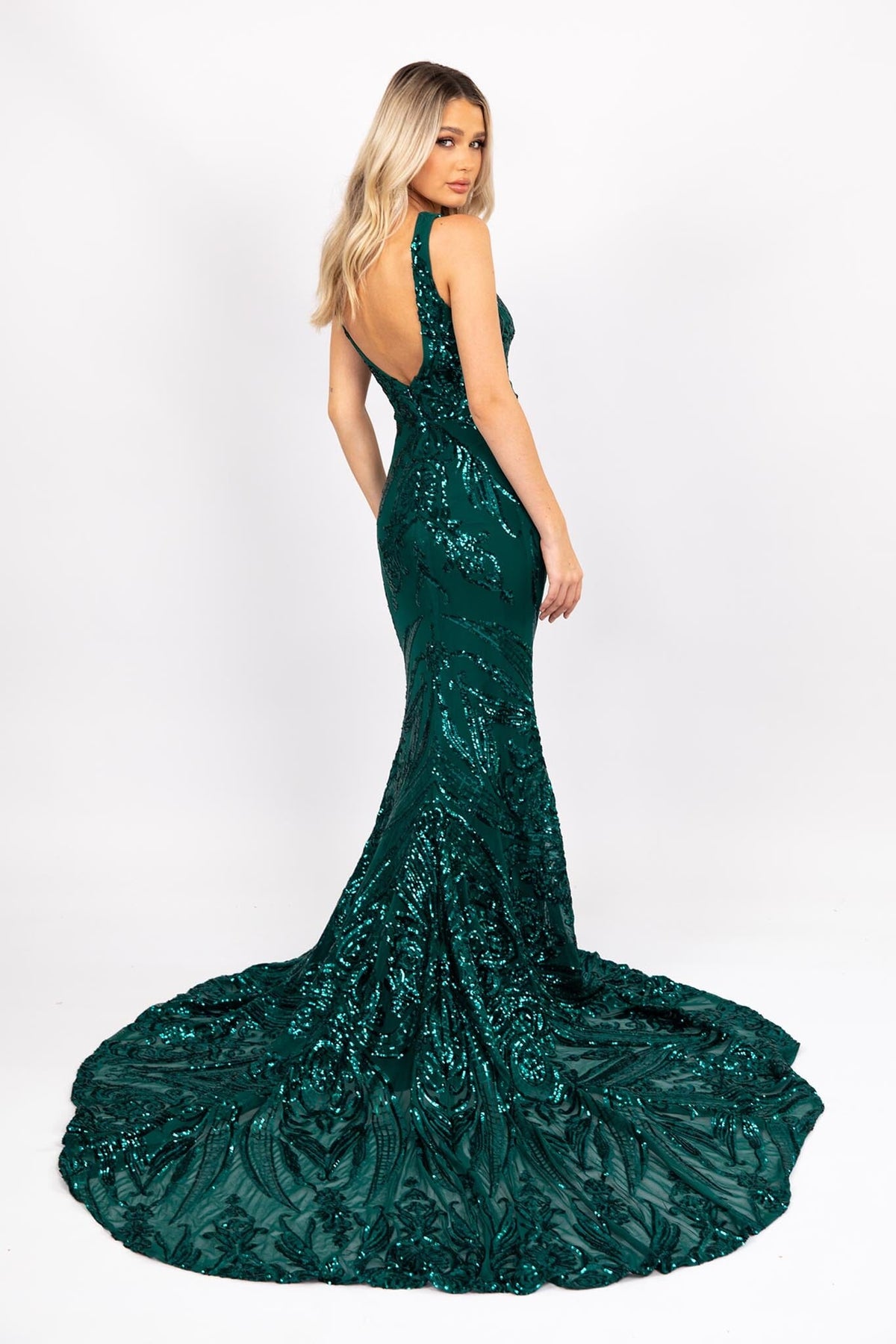 Adeline Pattern Sequin Gown - Emerald