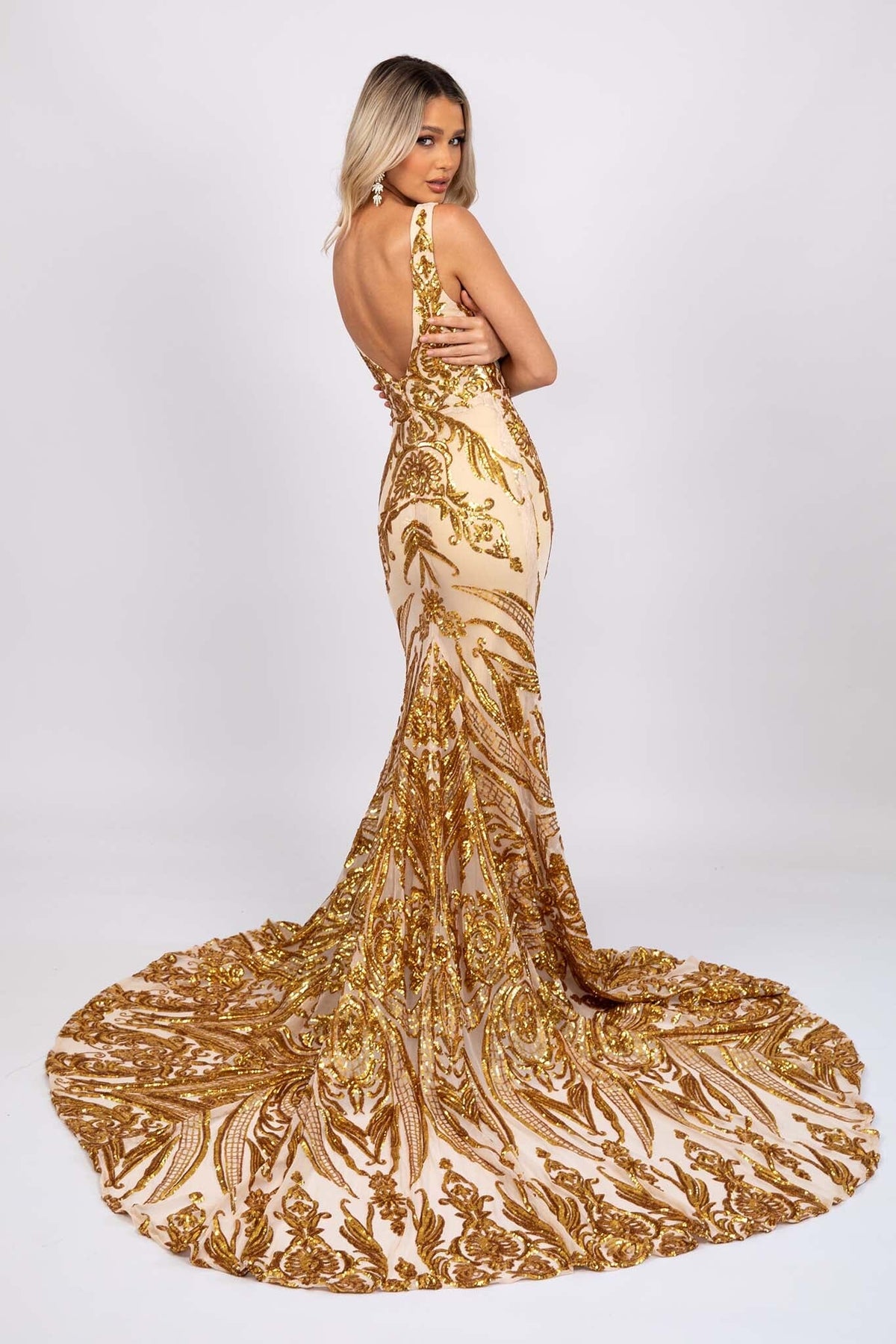Back Image of Gold Pattern Sequin Long Gown with V Neckline, Mermaid Silhouette, V Open Back and Sweep Train