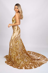 Side Image of Gold Pattern Sequin Long Gown with V Neckline, Mermaid Silhouette, V Open Back and Sweep Train