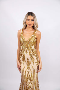 Close Up Frontal Image of Gold Pattern Sequin Long Gown with V Neckline, Mermaid Silhouette, V Open Back and Sweep Train