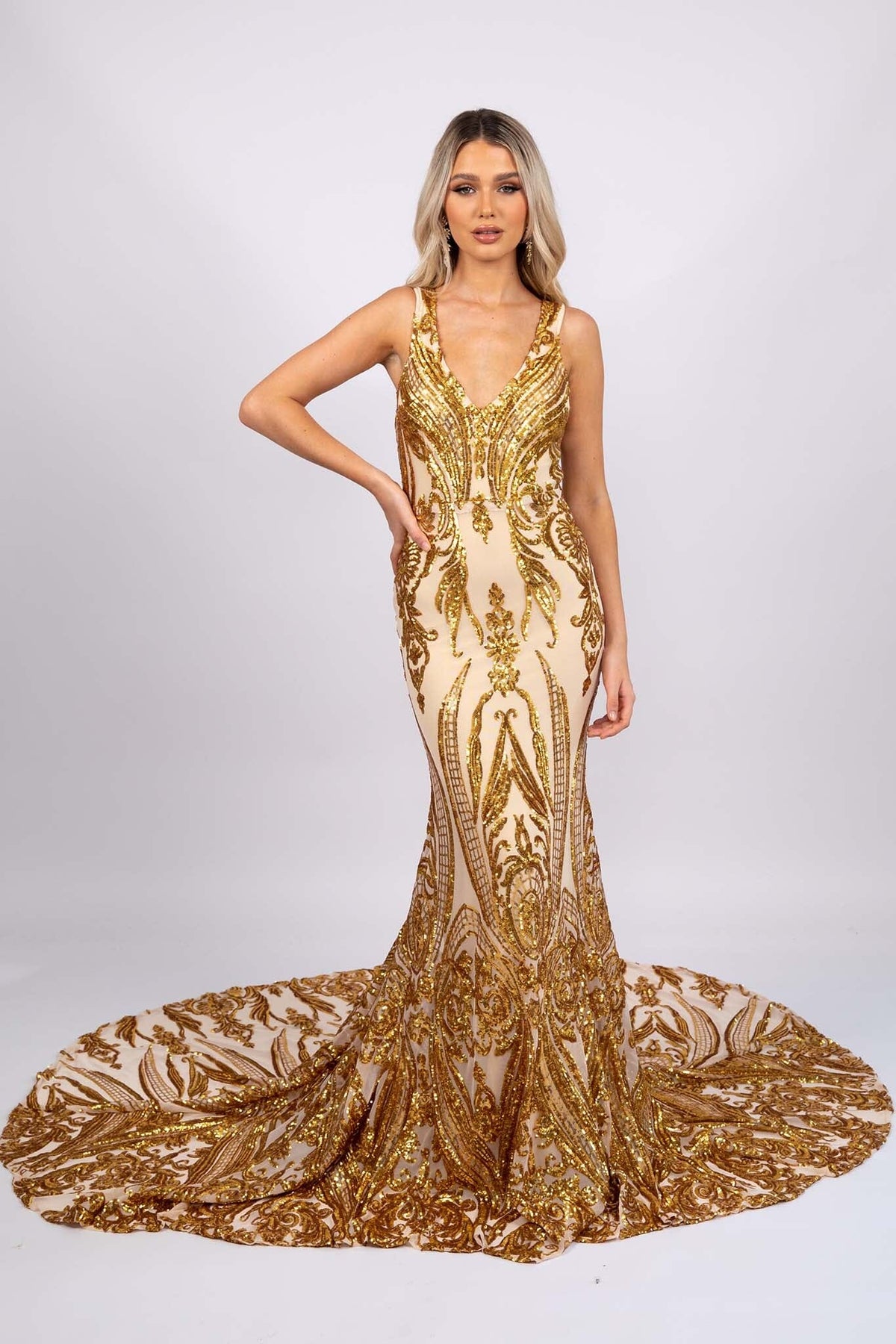 Adeline Pattern Sequin Gown - Gold