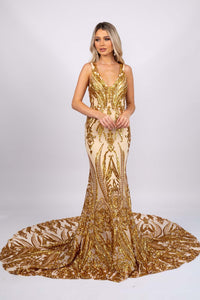 Gold Pattern Sequin Long Gown with V Neckline, Mermaid Silhouette, V Open Back and Sweep Train