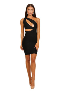 One shoulder style mini bandage dress with stylish cutouts in black color