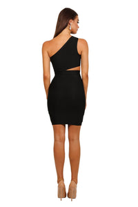 Back shot of One shoulder style mini bandage dress with stylish cutouts in black color