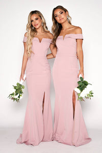 Dusty Pink Off Shoulder Full Length Bridesmaids Dress with V Cut Out Neckline and Collar Detail, and a Belt Detail at Waistline and Slit on the Left Leg