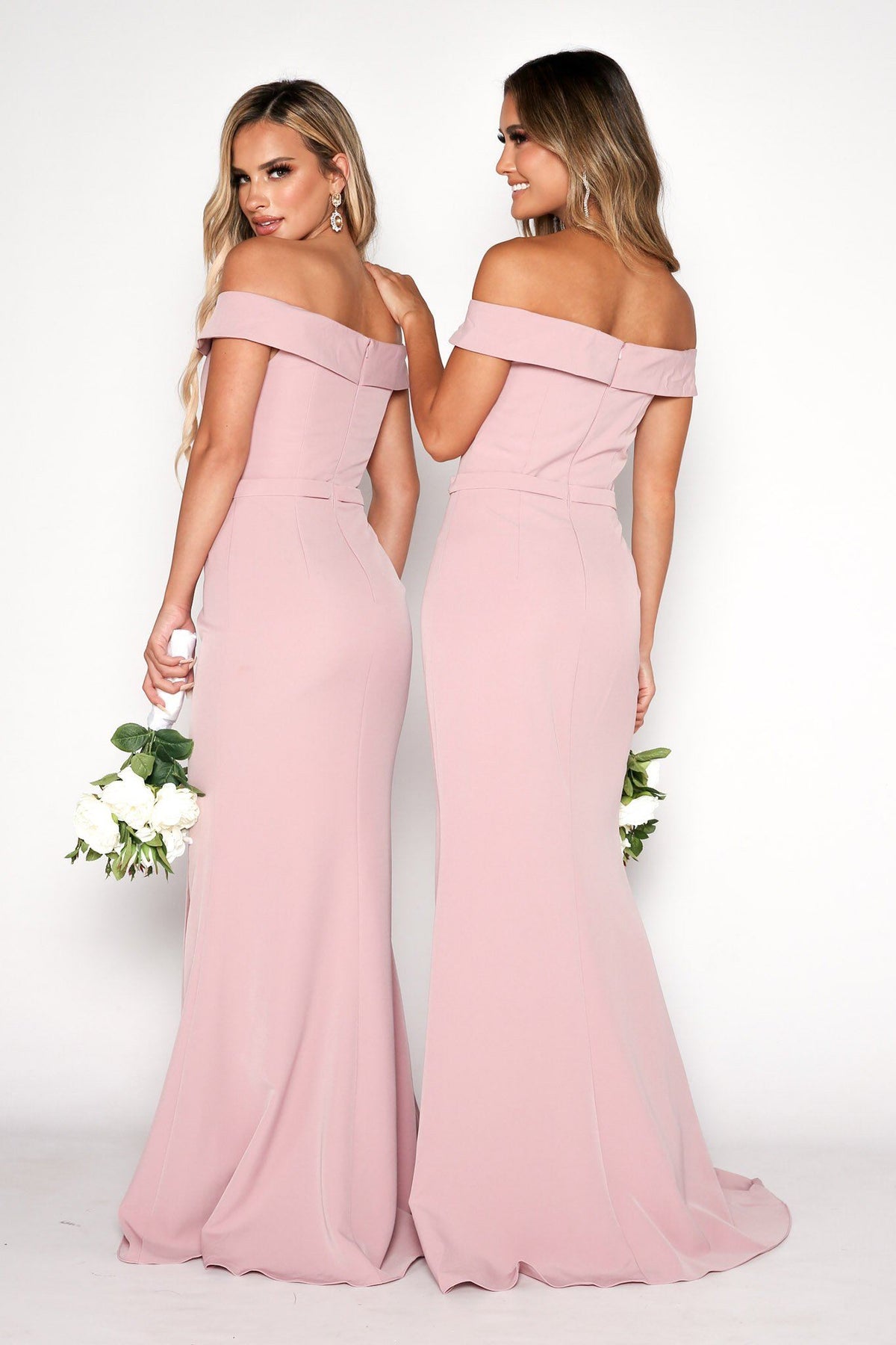Open Shoulder and Back Design of Dusty Pink Off Shoulder Full Length Bridesmaids Dress with V Cut Out Neckline and Collar Detail, and a Belt Detail at Waistline and Slit on the Left Leg