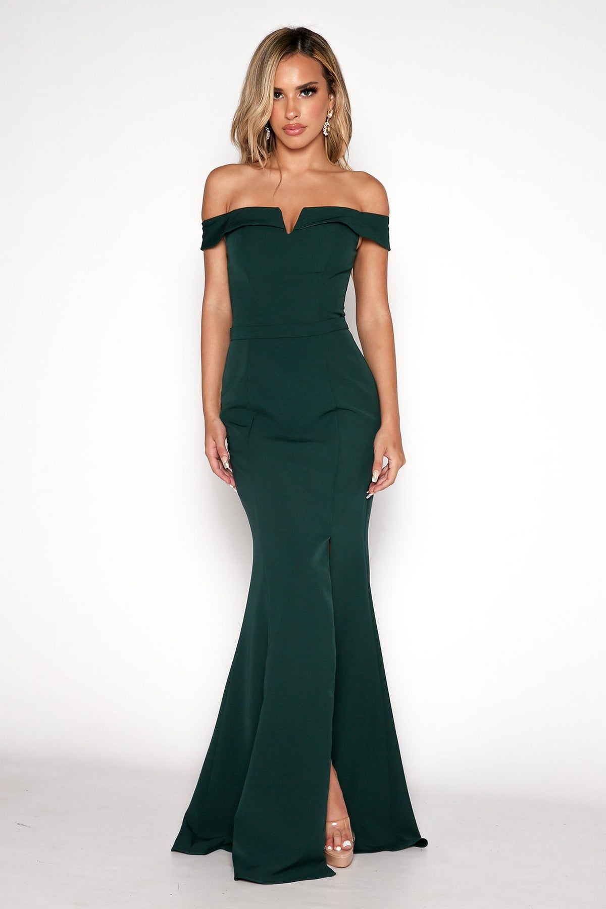 Dark Green Off Shoulder Full Length Maxi Dress with V Cut Out Neckline and Collar Detail, and a Belt Detail at Waistline and Slit on the Left Leg