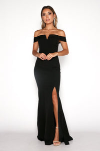 Black Off Shoulder Full Length Maxi Dress with V Cut Out Neckline and Collar Detail, and a Belt Detail at Waistline and Slit on the Left Leg